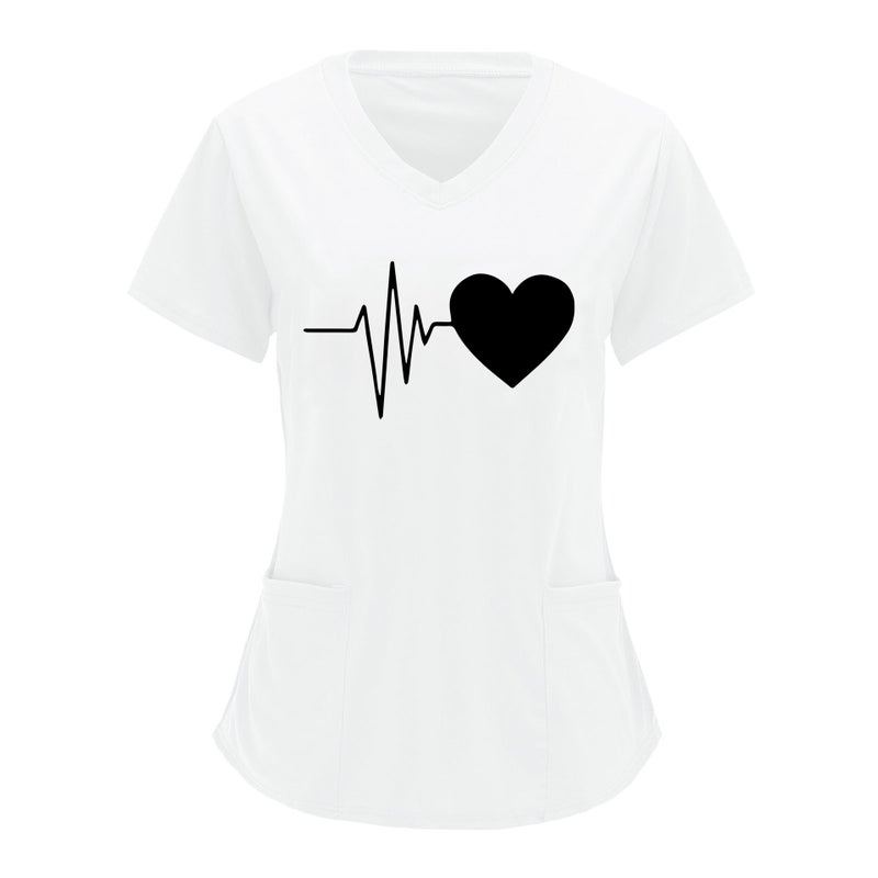 Cross-border European and American Nurses Wear and Care Tooling V-neck Double Pocket Heartbeat Love Printed Shirt Short-sleeved T-shirt plus size white and black