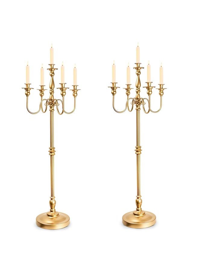 LANLONG Gold Candelabra for Wedding Event Decor, 50'' Tall Candelabra Floor Candle Holders, 2 Pcs Metal 5 Arm Candelabra Candle Holder Centerpiece Decorations for 5 Candlesticks Party Wedding Aisle Home Decor - Image 1