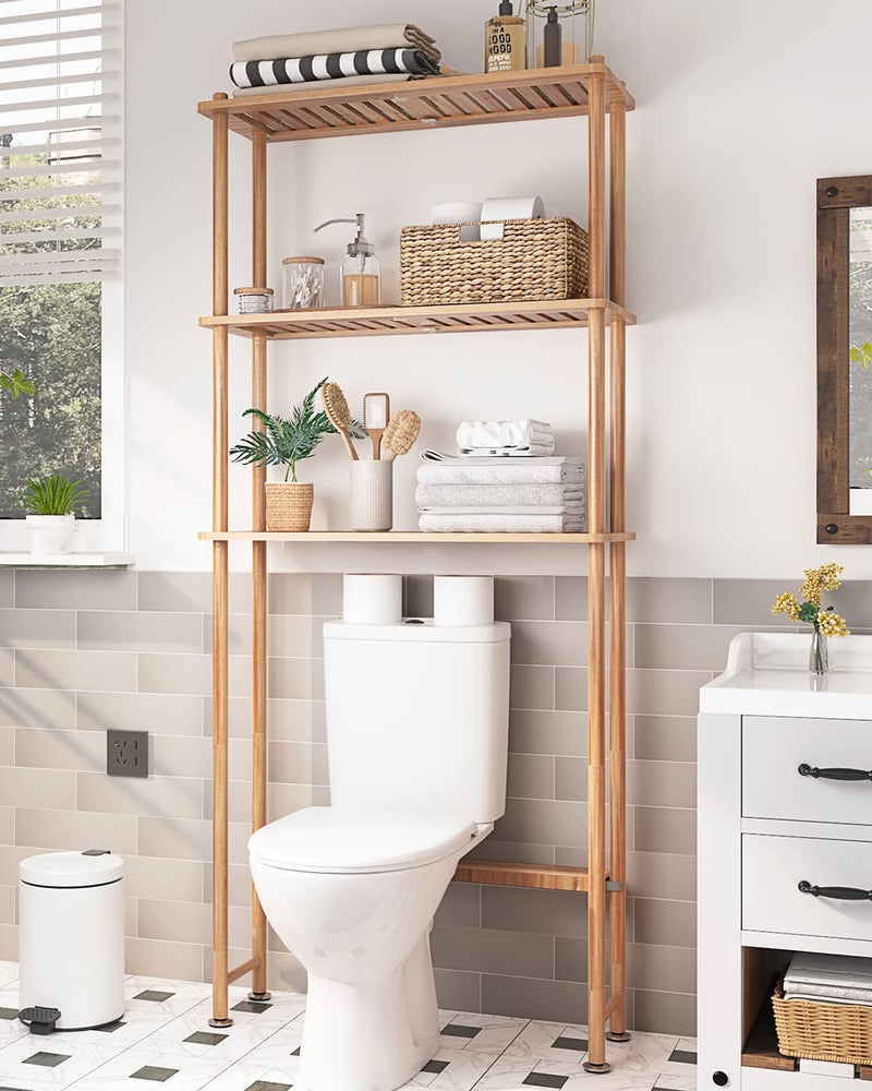 AmazerBath رف تخزين فوق المرحاض من أمازر باث، من الخيزران، منظم فوق المرحاض، رف مستقل من 3 طبقات فوق المرحاض للحمام، غسيل، موفر للمساحة، لون طبيعي - Image 1