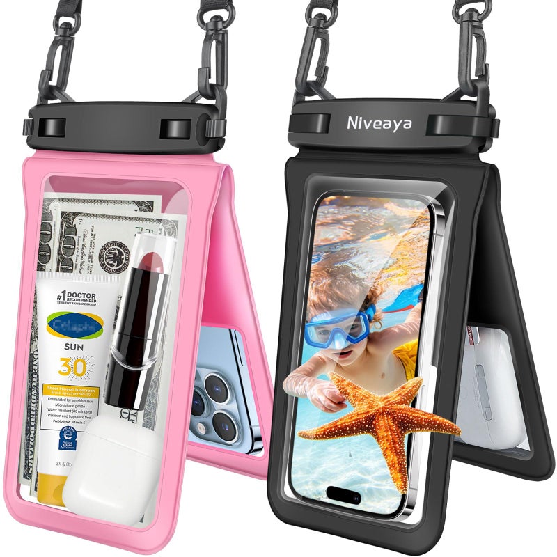 Niveaya Double Space Waterproof Phone Pouch - 2 Pack, Waterproof Phone Lanyard Case with iPhone 17/16/15/14/13 Pro Max up to 8.3", Phone Dry Bags for Vacation Beach Pool Kayak Cruise Travel Essentials - Image 1