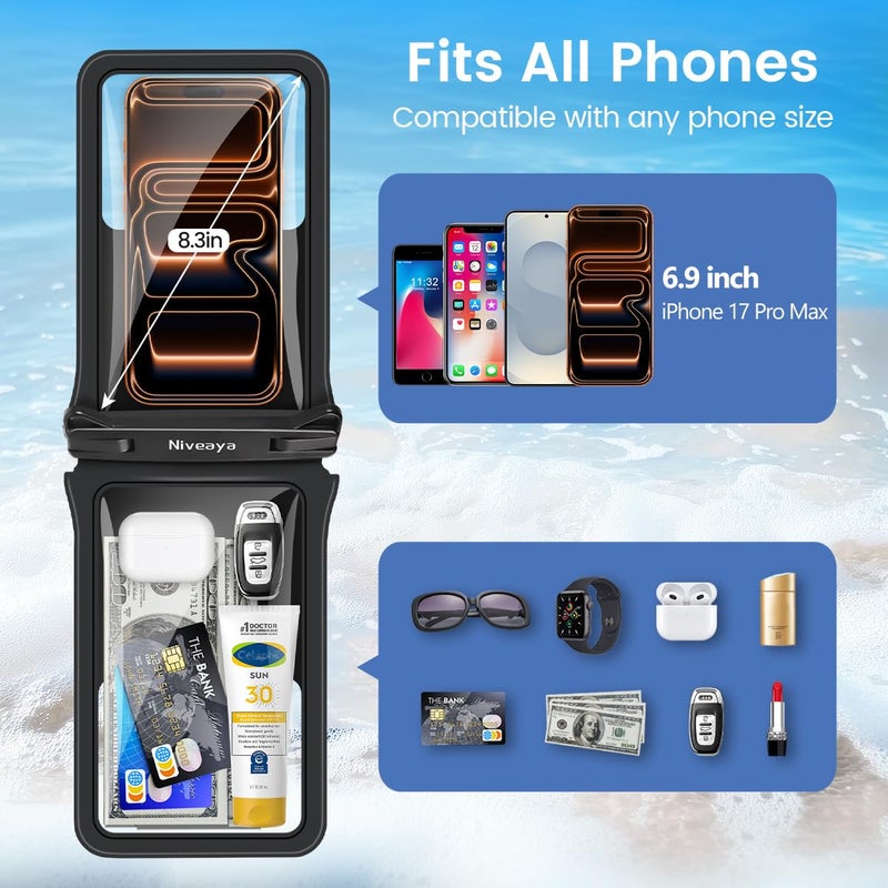 Niveaya Double Space Waterproof Phone Pouch - 2 Pack, Waterproof Phone Lanyard Case with iPhone 17/16/15/14/13 Pro Max up to 8.3", Phone Dry Bags for Vacation Beach Pool Kayak Cruise Travel Essentials - Image 3
