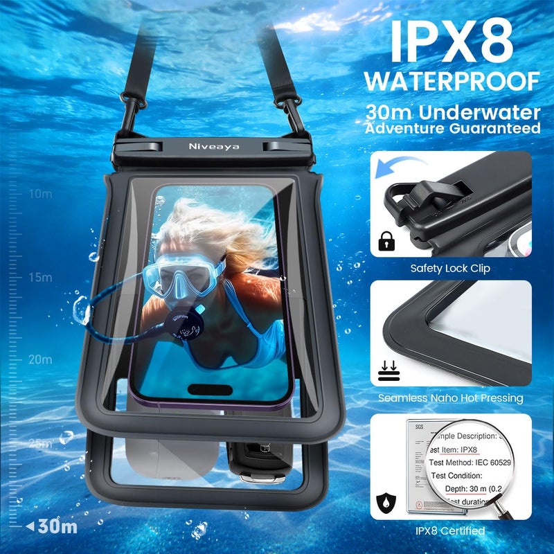 Niveaya Double Space Waterproof Phone Pouch - 2 Pack, Waterproof Phone Lanyard Case with iPhone 17/16/15/14/13 Pro Max up to 8.3", Phone Dry Bags for Vacation Beach Pool Kayak Cruise Travel Essentials - Image 2