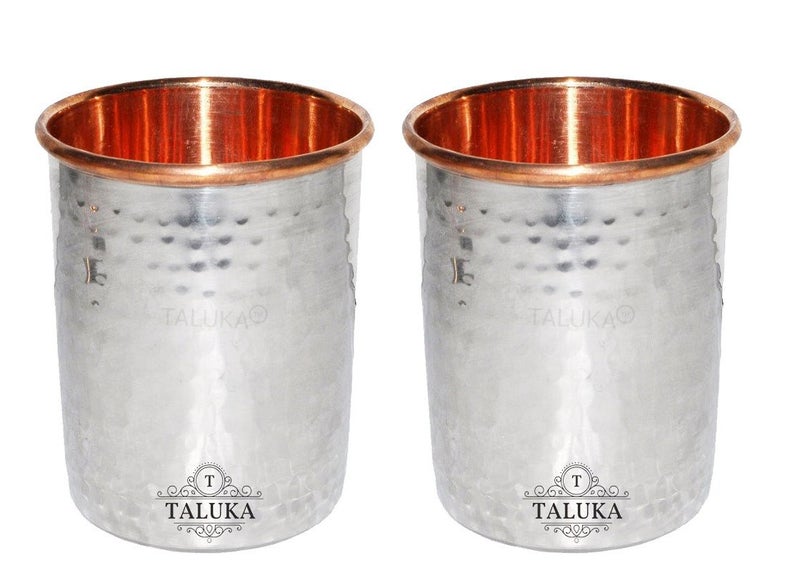 Taluka Stainless Steel Copper Hammered Glass 300 Ml 4 X 3 Silver Pack of 2 - Image 1