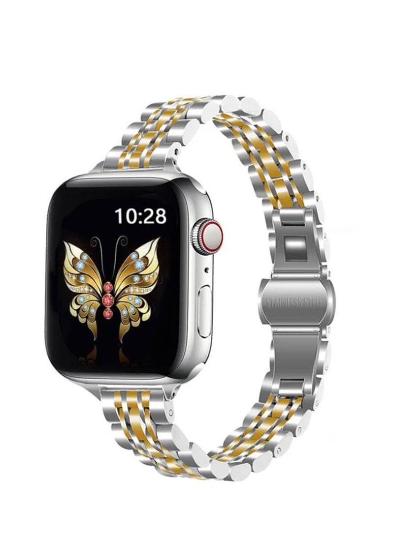 O Ozone - Slim Metal Straps For Apple Watch Series 10 | Ultra 2 | 8 Ultra | 9 | 8 | 7 | 6 , 49/46/45/44/42mm Stainless Steel Metal Wristband -Silver & Gold - Image 1
