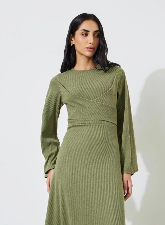 ستايلي Green Textured Long Sleeves A-Line Maxi Dress