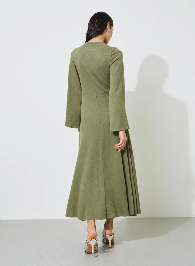 Styli  Green Textured Long Sleeves A-Line Maxi Dress for Women | Best Price UAE