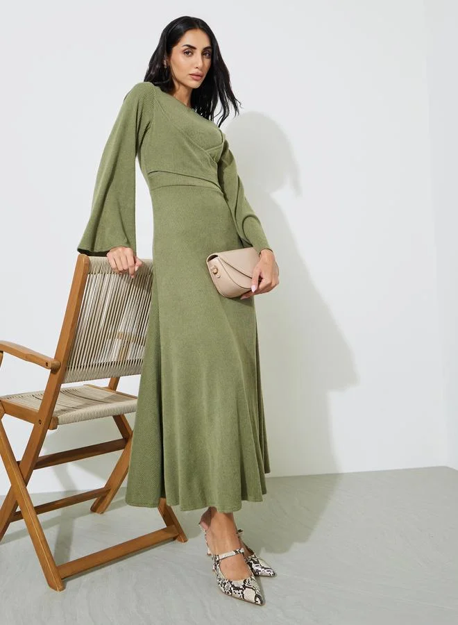 ستايلي Green Textured Long Sleeves A-Line Maxi Dress