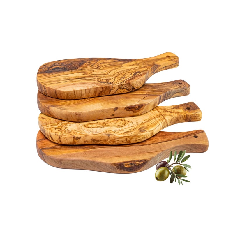 Erreke Wooden Chopping Board Set Handmade Natural Olive Wood Small Serving Boards Ideal for Tapas Appetizers Cheese Ham Bread Mediterranean Style 28x13 cm Set of 4
