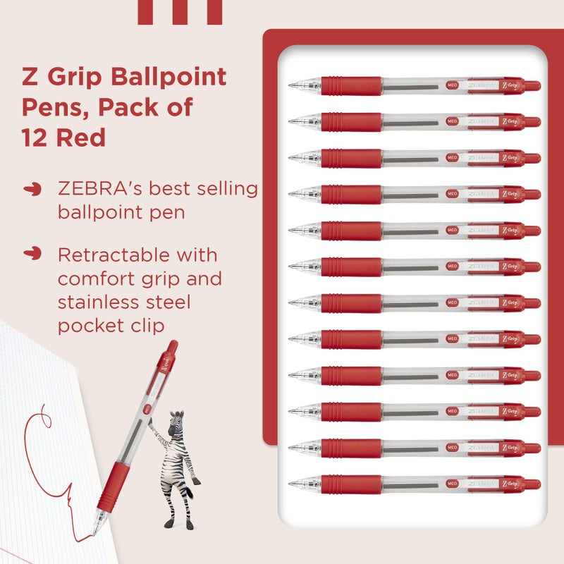 Zebra Pen Zebra Z-Grip Medium Retractable Metal Clip Ball Pen - Red (Pack of 12) - Image 3