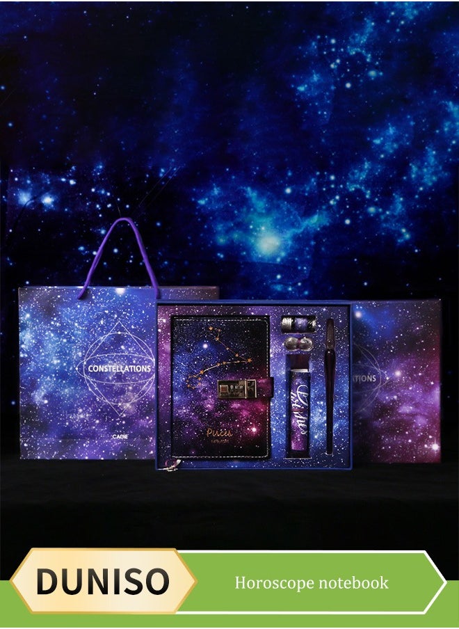 DUNISO Diary With Lock,Constellation Journal Notebook Record Diary with lock,Pisces Starry Sky Refillable Password Noteook with Dip pen set,Constellation Writing Notebook A5 Notebook for Girls Ladies Children constellation Gifts  - Image 1