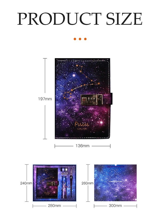 DUNISO Diary With Lock,Constellation Journal Notebook Record Diary with lock,Pisces Starry Sky Refillable Password Noteook with Dip pen set,Constellation Writing Notebook A5 Notebook for Girls Ladies Children constellation Gifts  - Image 2