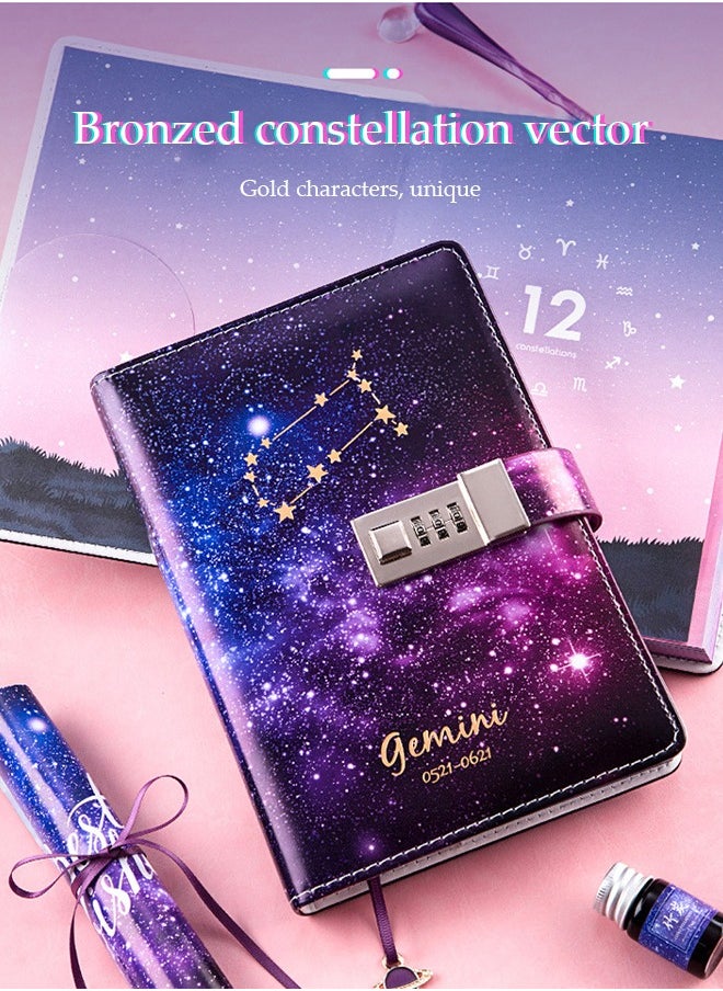 DUNISO Diary With Lock,Constellation Journal Notebook Record Diary with lock,Pisces Starry Sky Refillable Password Noteook with Dip pen set,Constellation Writing Notebook A5 Notebook for Girls Ladies Children constellation Gifts  - Image 4