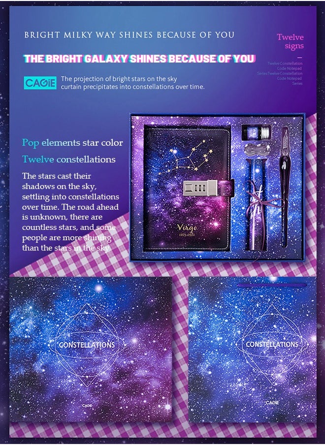 DUNISO Diary With Lock,Constellation Journal Notebook Record Diary with lock,Pisces Starry Sky Refillable Password Noteook with Dip pen set,Constellation Writing Notebook A5 Notebook for Girls Ladies Children constellation Gifts  - Image 3