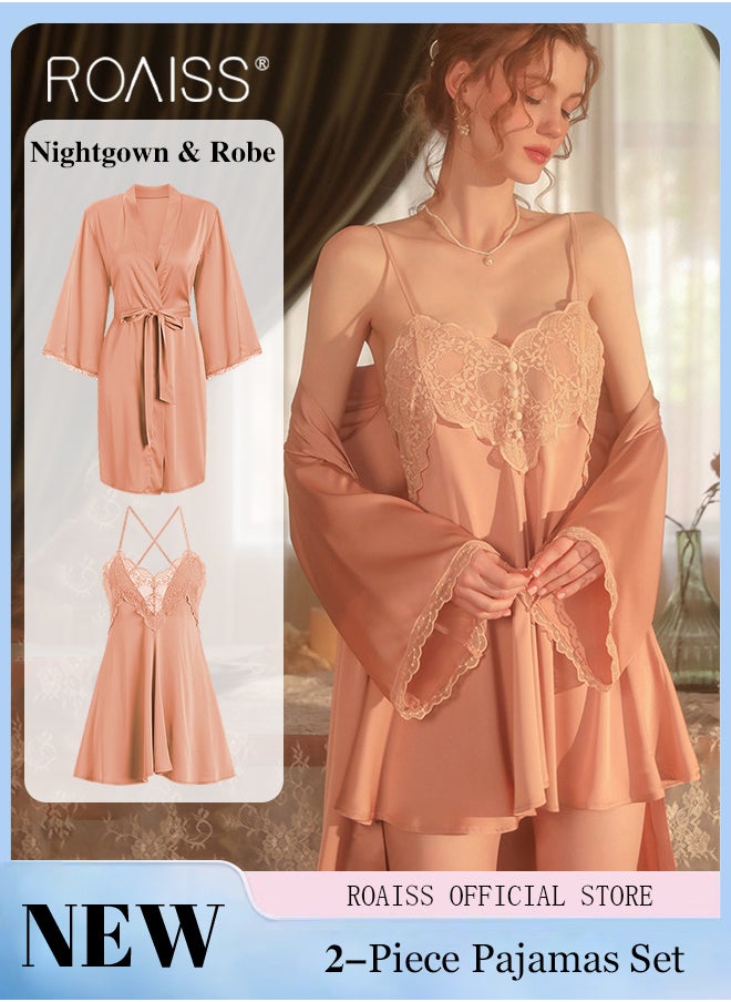 roaiss - 2-Piece Set of Women Pajamas with V-Neck Design Women Home Wear Set Same Color Outer Robe and Lace Element Nightgown - Image 1