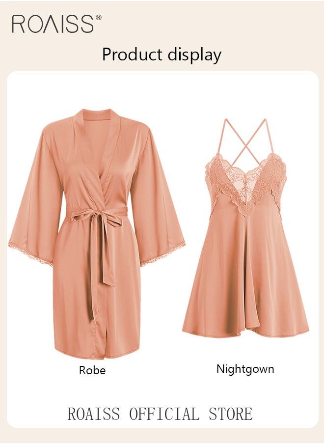 roaiss - 2-Piece Set of Women Pajamas with V-Neck Design Women Home Wear Set Same Color Outer Robe and Lace Element Nightgown - Image 1