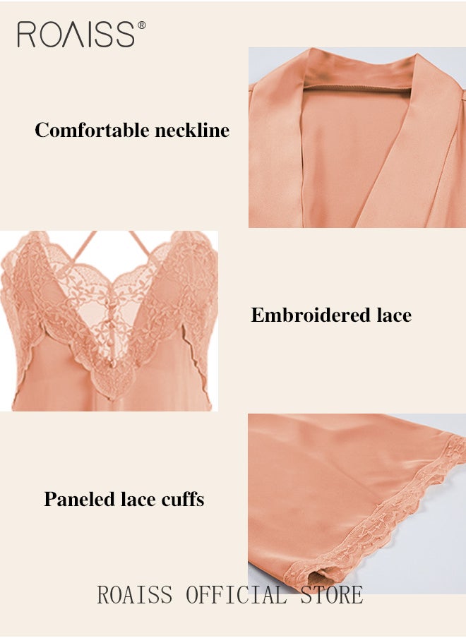 roaiss - 2-Piece Set of Women Pajamas with V-Neck Design Women Home Wear Set Same Color Outer Robe and Lace Element Nightgown - Image 1