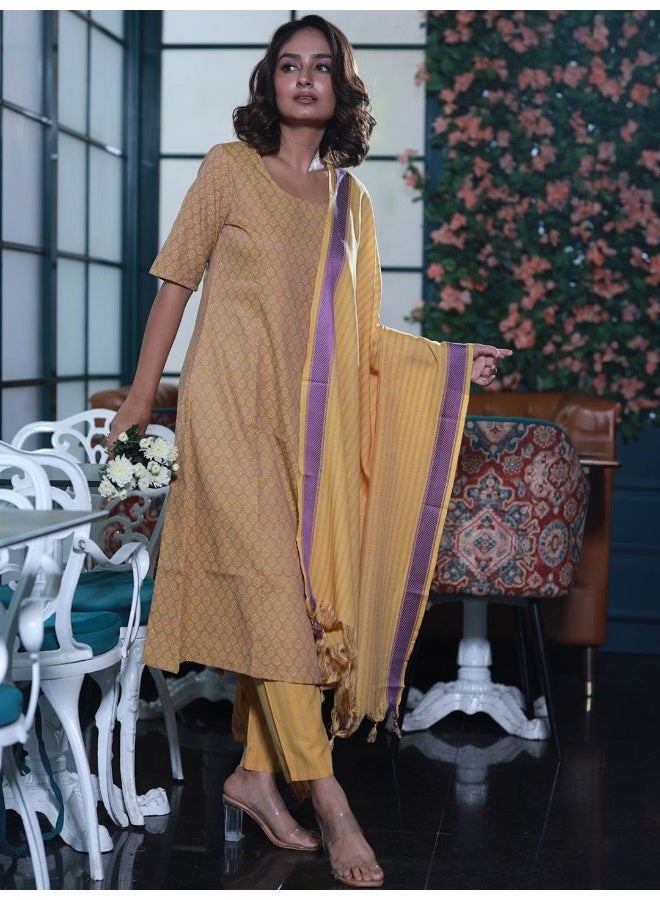 AKS Mustard Yarn Dyed Kurta Set with dupatta  - Image 3