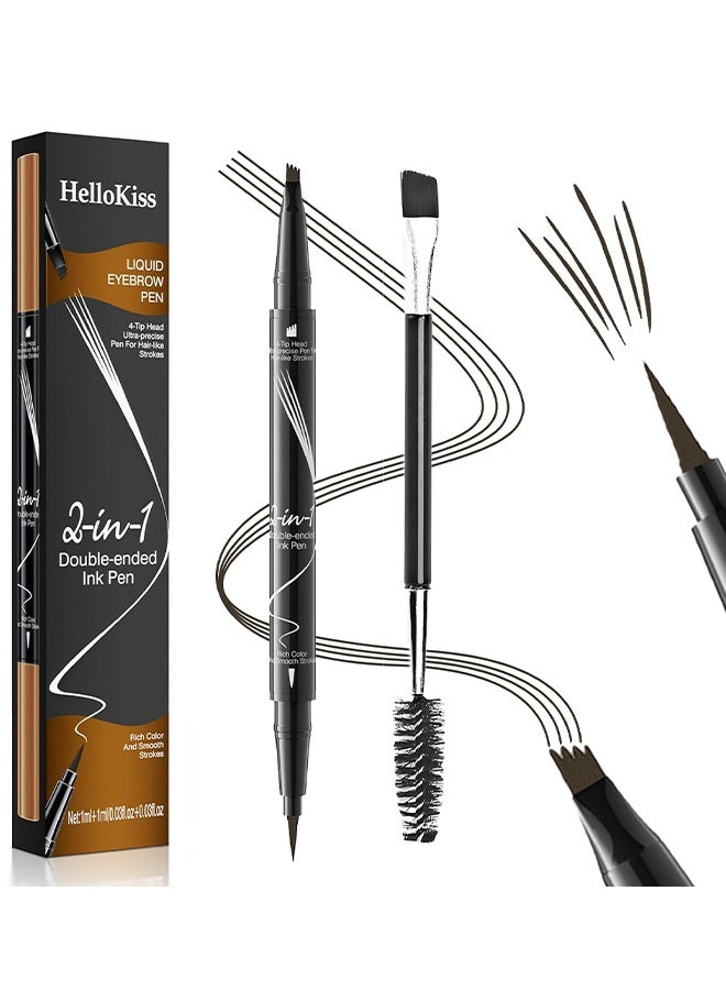 HelloKiss Liquid Eyebrow Pen, 2-In-1 Dual-Ended Ink Pen, 2-In-1 Dual-Ended Eyebrow Pencil with 4-Prong Micro Fork Tip Applicator & Precise Brush Tip Creates Natural Eyebrows, Stay on All Day (Dark Brown) - Image 1