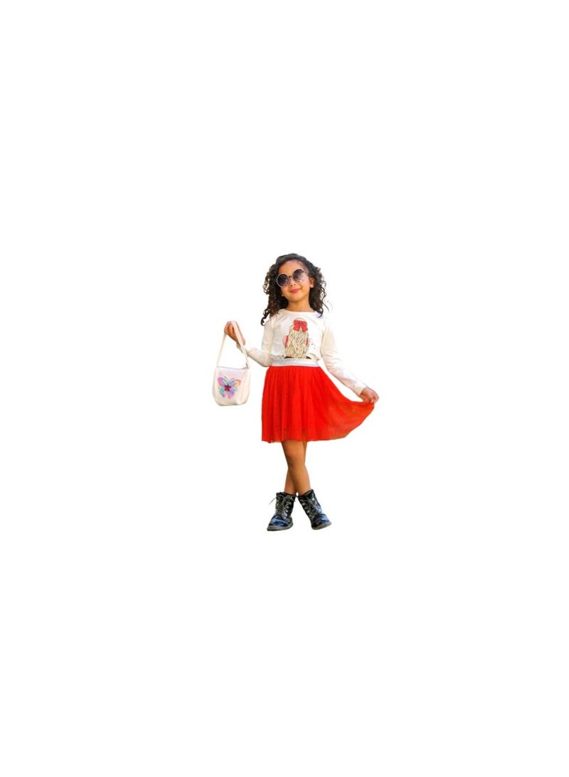 Girls' set consisting of a white T-shirt, a red pocket, a tie and a bag 
