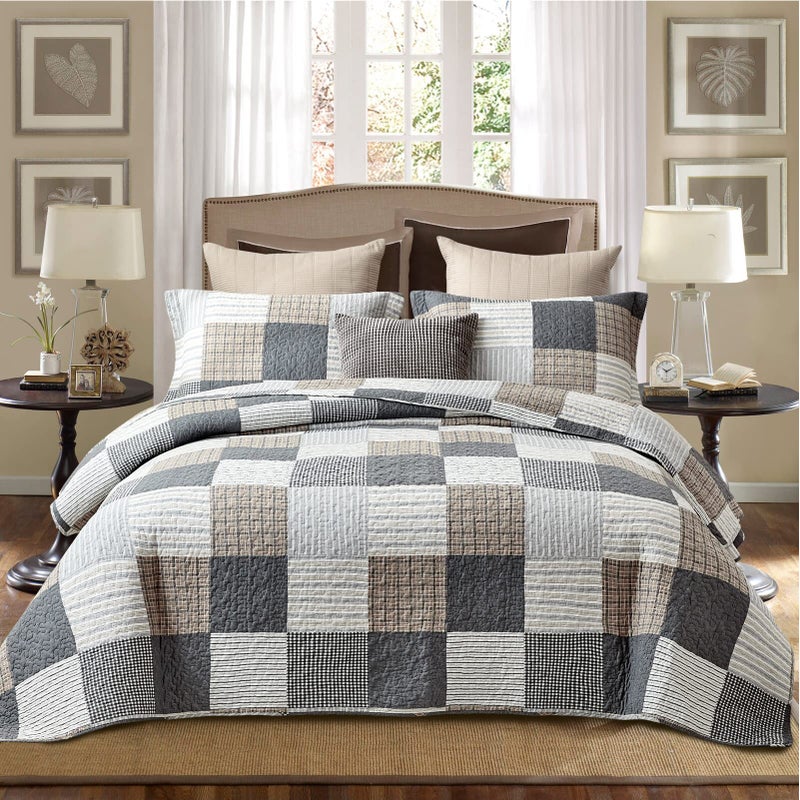 PANGUSHAN 100 Cotton Quilt Set King SizePatchwork Plaid Bedding BedspreadsFarmhouse Lightweight Comforter Reversible QuiltWhiteGrayGreyTanBlackCream Bed Spread King3 Pieces