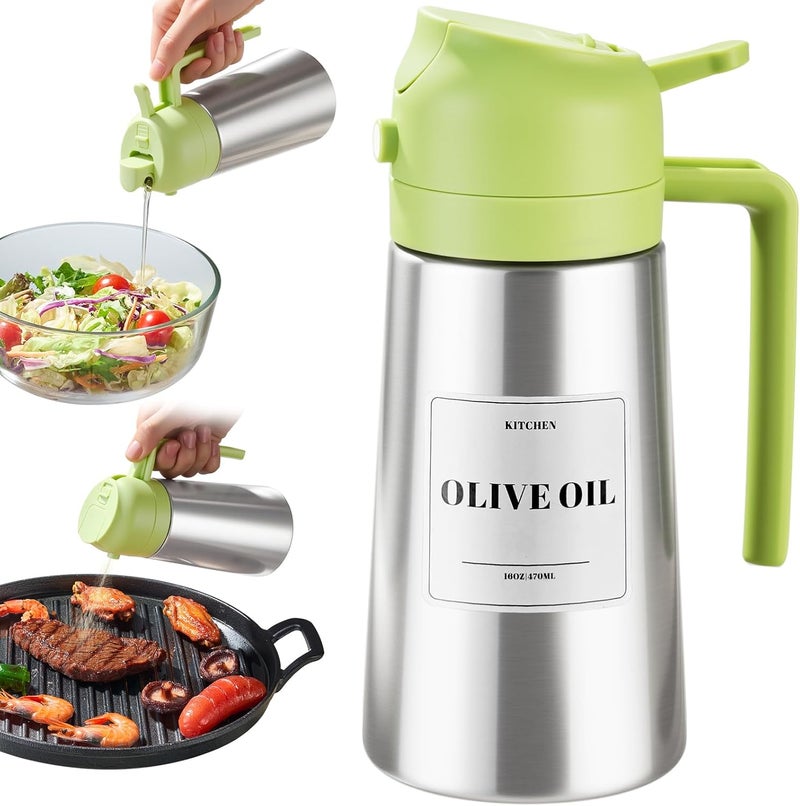 PARACITY زجاجة موزع زيت بغطاء من الفولاذ المقاوم للصدأ وداخل مطلي بالسيراميك، 2 في 1 بخاخ زيت الزيتون وموزع، زجاجة بخاخ زيت للطهي، المطبخ، الشواء، القلاية الهوائية، السلطة، الخبز (أخضر) - Image 1