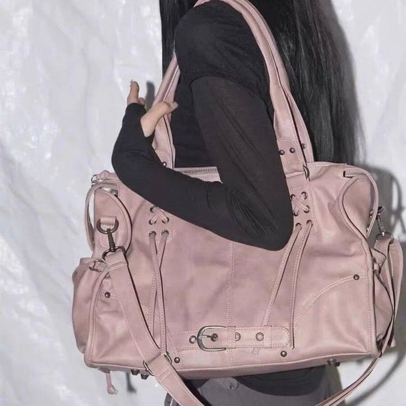 Fancyclub Korean Style Large Capacity Retro Tote Bag with Rivet Straps, Crossbody Shoulder Bag - Image 2