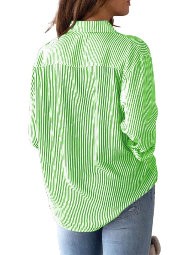 CUNLIN Green Shirts for Women and White Striped Shirt Tops Trendy Long Sleeve Button Down Linen Blouses Boyfriend Cotton Lime Green Size M - Image 2
