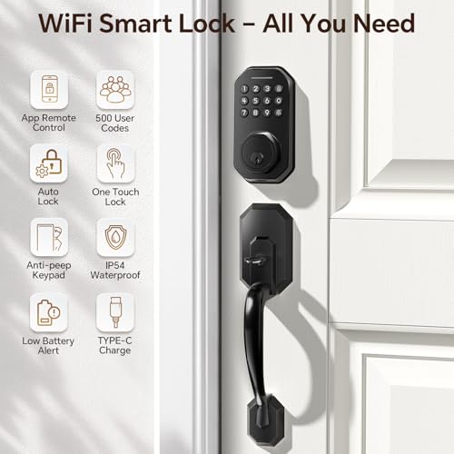 Ulecoce WiFi Smart Door Lock for Front Door, Keyless Entry Door Lock with App Control, Front Door Lock Set, Keypad Deadbolt with Handle Set, 5 Keys, Auto-Lock ＆ One-Touch Lock, One-time Codes, Black - Image 2