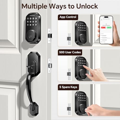 Ulecoce WiFi Smart Door Lock for Front Door, Keyless Entry Door Lock with App Control, Front Door Lock Set, Keypad Deadbolt with Handle Set, 5 Keys, Auto-Lock ＆ One-Touch Lock, One-time Codes, Black - Image 3