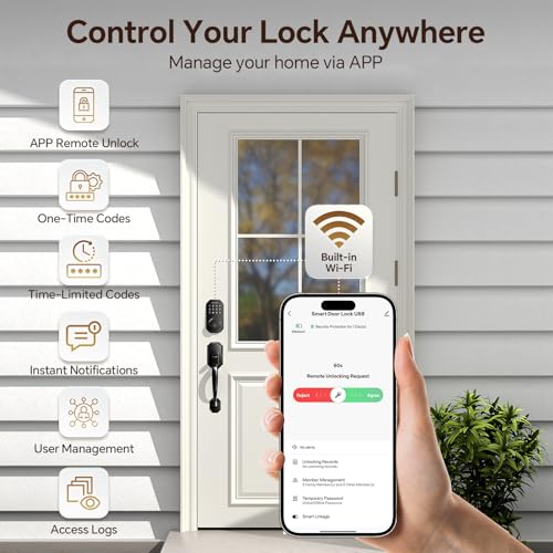 Ulecoce WiFi Smart Door Lock for Front Door, Keyless Entry Door Lock with App Control, Front Door Lock Set, Keypad Deadbolt with Handle Set, 5 Keys, Auto-Lock ＆ One-Touch Lock, One-time Codes, Black - Image 4