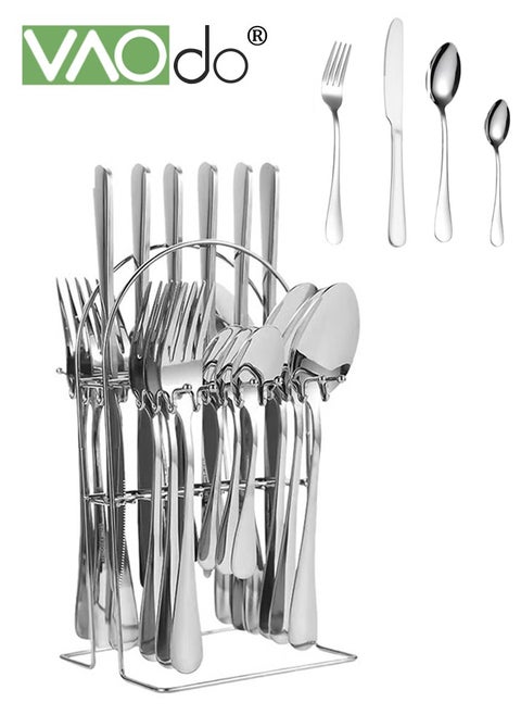 24PCS Silverware Set with Holder, Stainless Steel Flatware Set, Spoons Forks Knives Utensils Set, Service for 6 Mirror Polished Tableware Set Include Steak Knives, Rust-proof, Dishwasher Safe