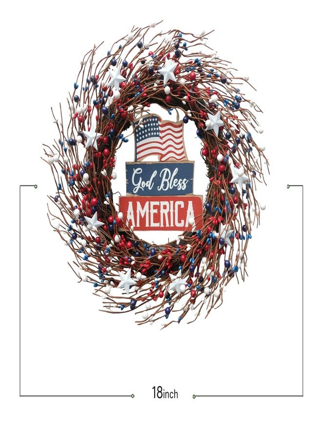 Idyllic 18Inch 4th of July Patriotic Day Wreath Red Blue White Berry Wreath with Americana Flag Patriotic Decorations for Memorial Day Independence Day Veterans Day Front Door Wall - Image 3
