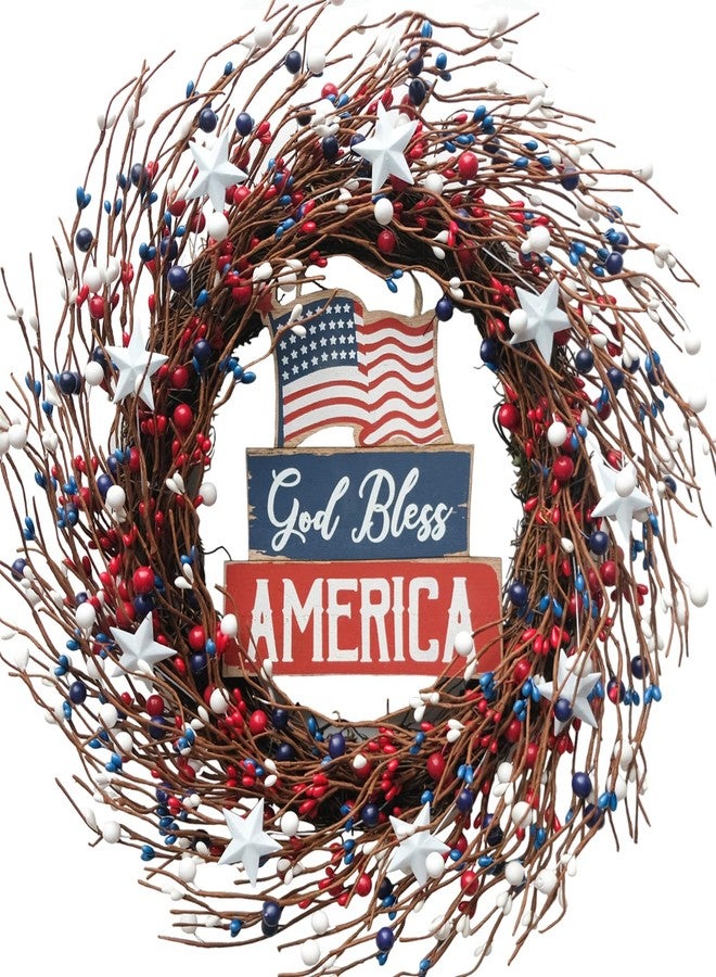 Idyllic 18Inch 4th of July Patriotic Day Wreath Red Blue White Berry Wreath with Americana Flag Patriotic Decorations for Memorial Day Independence Day Veterans Day Front Door Wall - Image 1