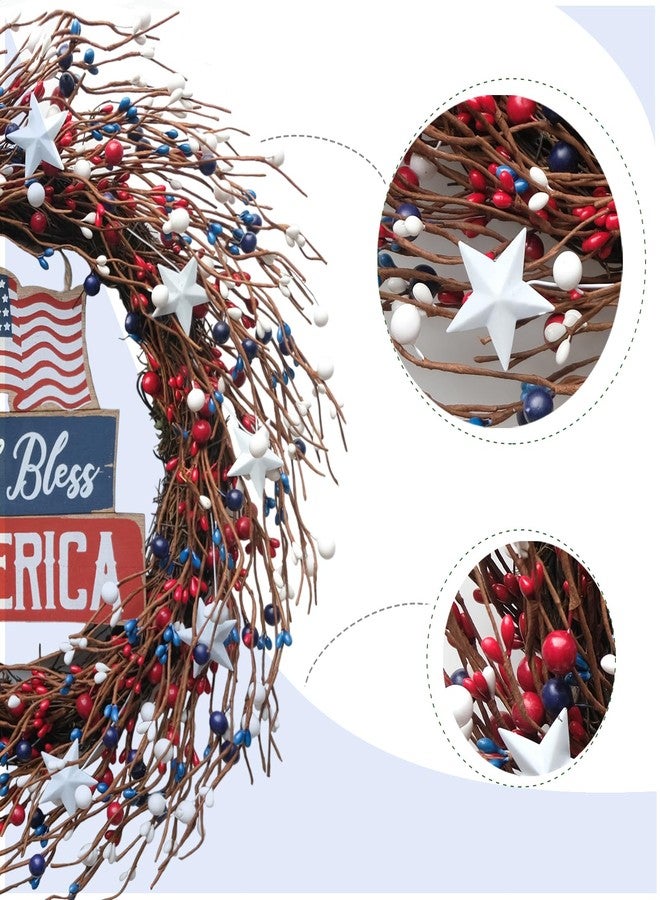 Idyllic 18Inch 4th of July Patriotic Day Wreath Red Blue White Berry Wreath with Americana Flag Patriotic Decorations for Memorial Day Independence Day Veterans Day Front Door Wall - Image 2