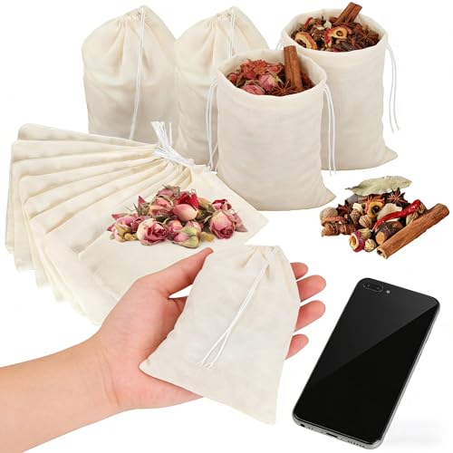 Brelixo 10 Pcs Spice Bags, Reusable Empty Tea Bags, Muslin Strainer Bags, Soup Bags for Cooking Natural Cotton Fine Mesh Cheesecloth Bags for Cold Brew Coffee(4 x3.2Inch) - Image 1