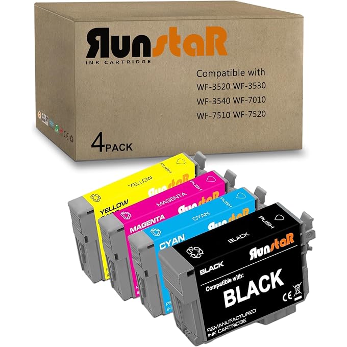 Run Star 4 Pack 127 Remanufactured Ink Cartridges Replacement for 127 T127 use with WF-3520 WF-3530 WF-3540 WF-7010 WF-7510 WF-7520 545 530 625 645 Printer (Black, Cyan, Magenda, Yellow)