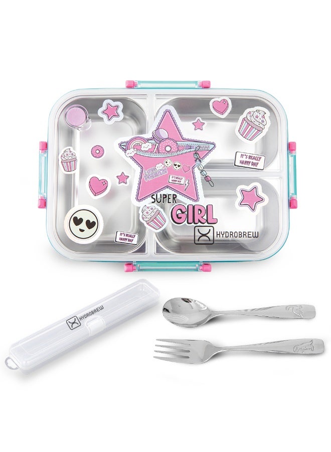 Hydrobrew Steel Core 3 Compartment Lunch Box w/ Stainless Steel Cutlery Set – Teal Spark - Image 1