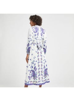 FAV All-Over Floral Print Shirt Dress with Tie-Up Belt and Long Sleeves  - Image 3