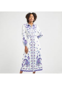 FAV All-Over Floral Print Shirt Dress with Tie-Up Belt and Long Sleeves  - Image 1