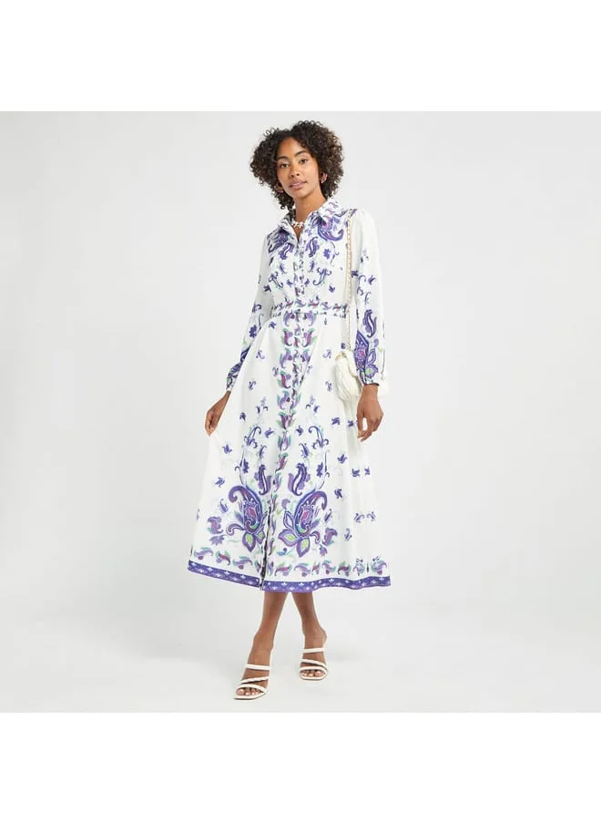 FAV All-Over Floral Print Shirt Dress with Tie-Up Belt and Long Sleeves