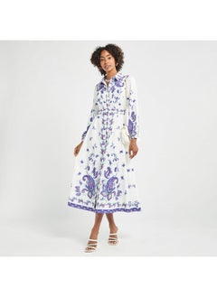 FAV All-Over Floral Print Shirt Dress with Tie-Up Belt and Long Sleeves  - Image 2