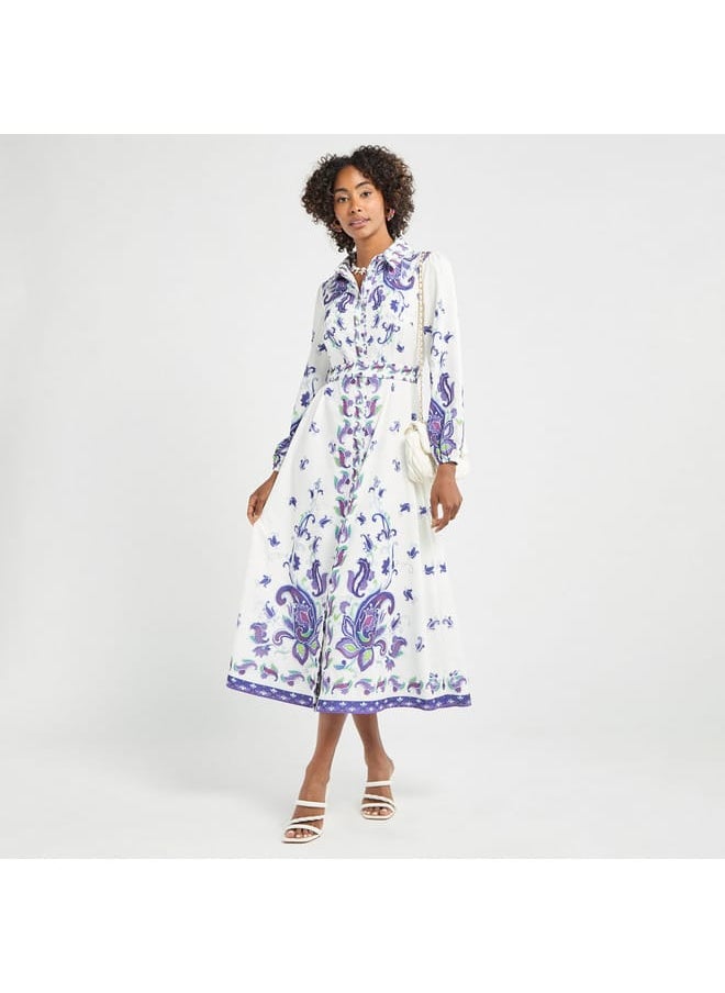 FAV - All-Over Floral Print Shirt Dress with Tie-Up Belt and Long Sleeves - Image 1