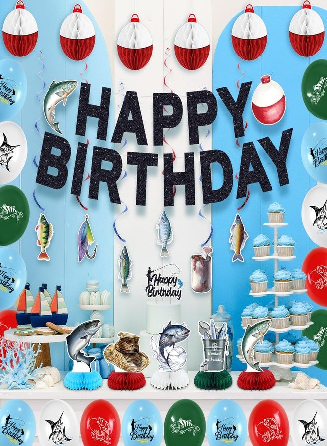 LANGASQUE Fishing Birthday Party Decorations, Happy Birthday Banner Balloons Fishing Garland Honeycomb Ball Ceterpiece Cake Topper, Gone Fishing Themed Party Decorations - Image 3