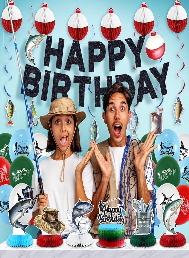 LANGASQUE Fishing Birthday Party Decorations, Happy Birthday Banner Balloons Fishing Garland Honeycomb Ball Ceterpiece Cake Topper, Gone Fishing Themed Party Decorations - Image 2