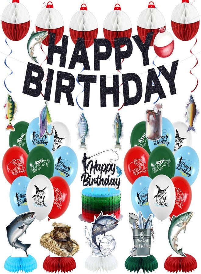 LANGASQUE Fishing Birthday Party Decorations, Happy Birthday Banner Balloons Fishing Garland Honeycomb Ball Ceterpiece Cake Topper, Gone Fishing Themed Party Decorations - Image 1