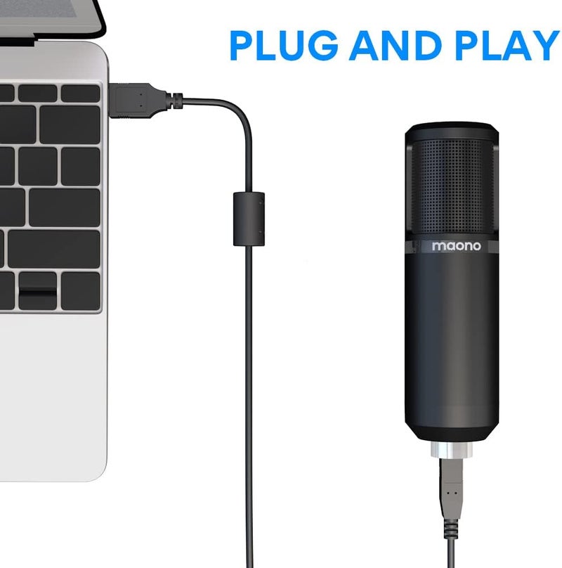 ماونو مجموعة ميكروفون Maonocaster AU-PM421 USB مع خاصية إيقاف الصوت بنقرة ومقبض لزيادة قوة الصوت، ميكروفون كوندنسر كارديويد محترف للبث المباشر والألعاب والبث - أسود - Image 3