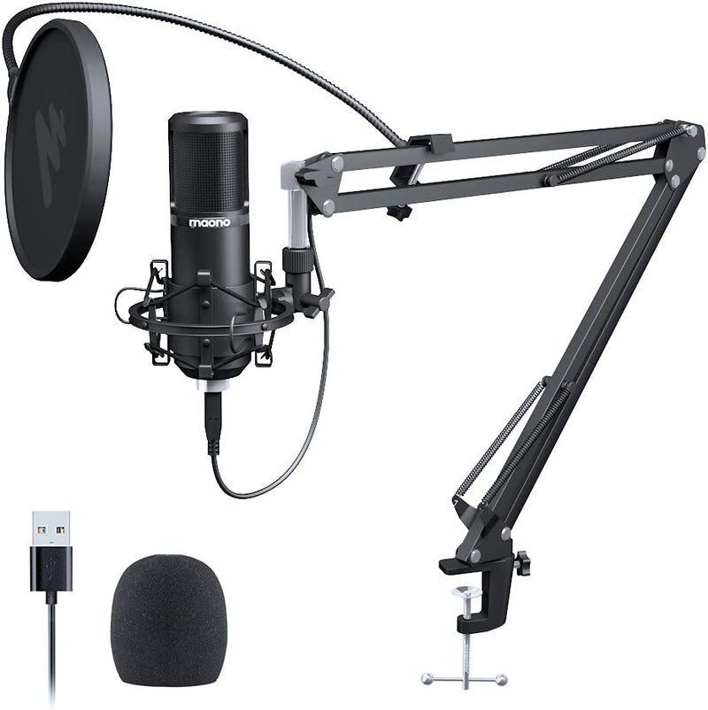 ماونو مجموعة ميكروفون Maonocaster AU-PM421 USB مع خاصية إيقاف الصوت بنقرة ومقبض لزيادة قوة الصوت، ميكروفون كوندنسر كارديويد محترف للبث المباشر والألعاب والبث - أسود - Image 1