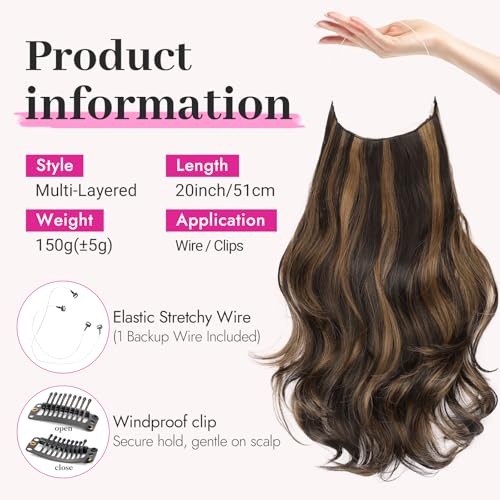 KooKaStyle Invisible Wire Hair Extensions Long Straight Layered Synthetic with Transparent Wire Adjustable Size 6 Secure Clips Hairpieces for Women 20 Inch 20 Inch Balayage Dark Brown to Chestnut - Image 3