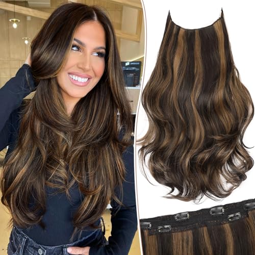 KooKaStyle Invisible Wire Hair Extensions Long Straight Layered Synthetic with Transparent Wire Adjustable Size 6 Secure Clips Hairpieces for Women 20 Inch 20 Inch Balayage Dark Brown to Chestnut - Image 1