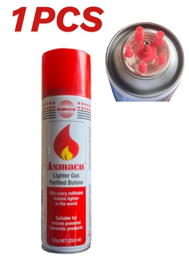 اسماكو قطعة واحدة من غاز البوتان النقي من Asmaco لإعادة تعبئة الولاعات سعة 250 مل لأي نوع من أنواع إعادة تعبئة الولاعات مع رؤوس فوهات متعددة، مع 5 محولات متعددة الفوهات للتوافق العالمي، الأفضل للمطبخ والتخييم والمزيد (قطعة واحدة)